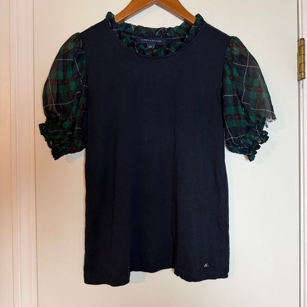 Tommy Hilfiger Women Black Plaid Puff Sleeve Ruffled Neck Top Shirt Size M